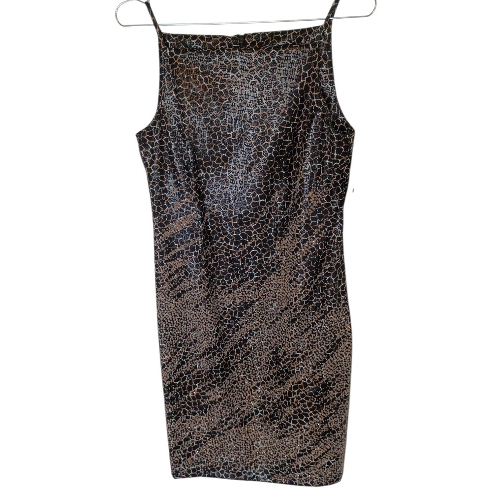 Vintage Metallic Animal Print Sheath Mini Dress Stretchy Spaghetti Strap 8 NWT